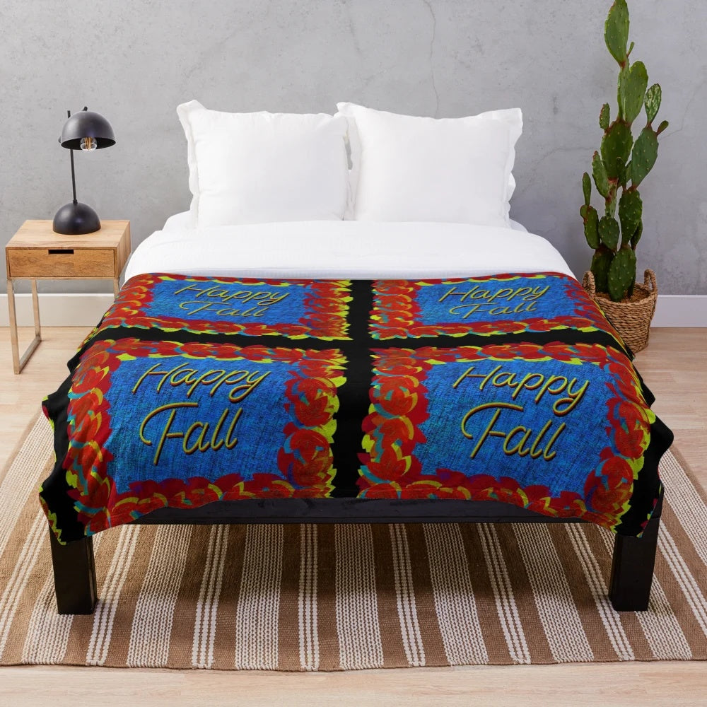 Colorful fall leaves plush blanket with hand drawn design
