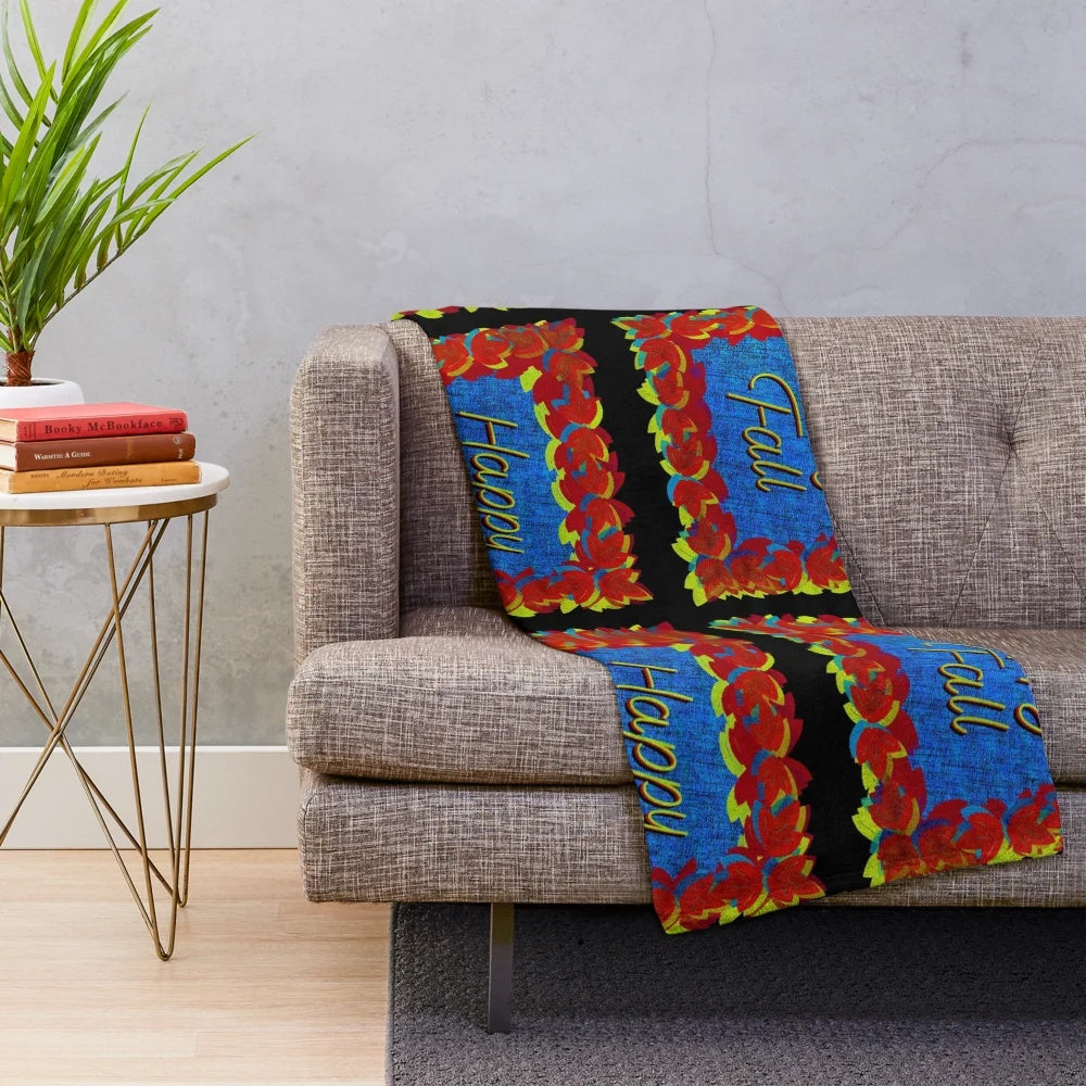 Colorful fall leaves plush blanket with hand drawn design