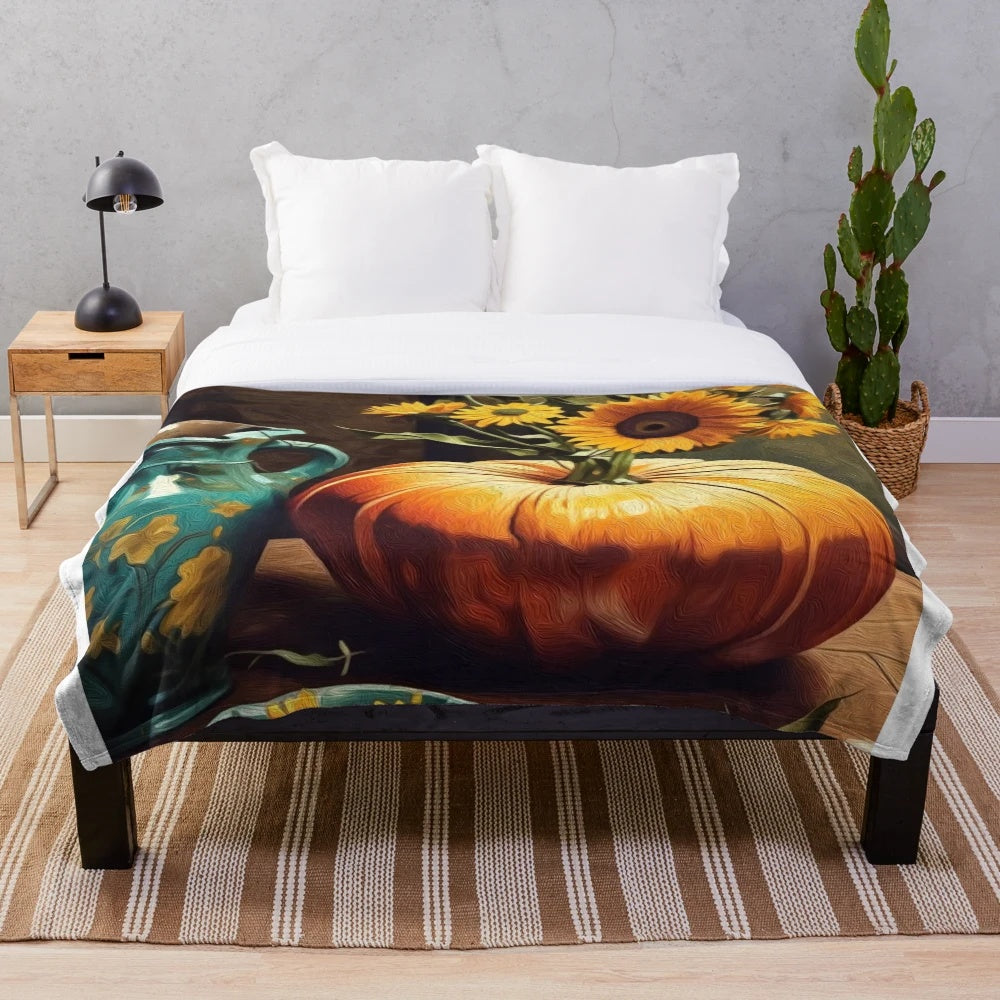 Colorful fall plush blanket with pumpkin and artistic designs