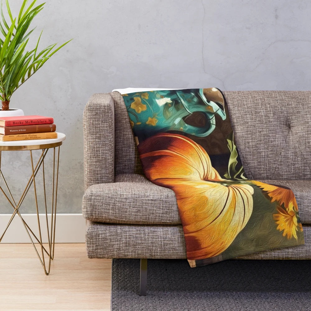 Colorful fall plush blanket with pumpkin and artistic designs