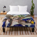 Colorful abstract illustration of a mythical dragon on a plush blanket