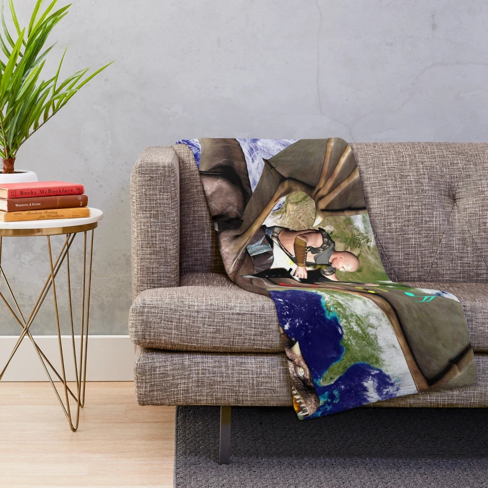 Colorful abstract illustration of a mythical dragon on a plush blanket