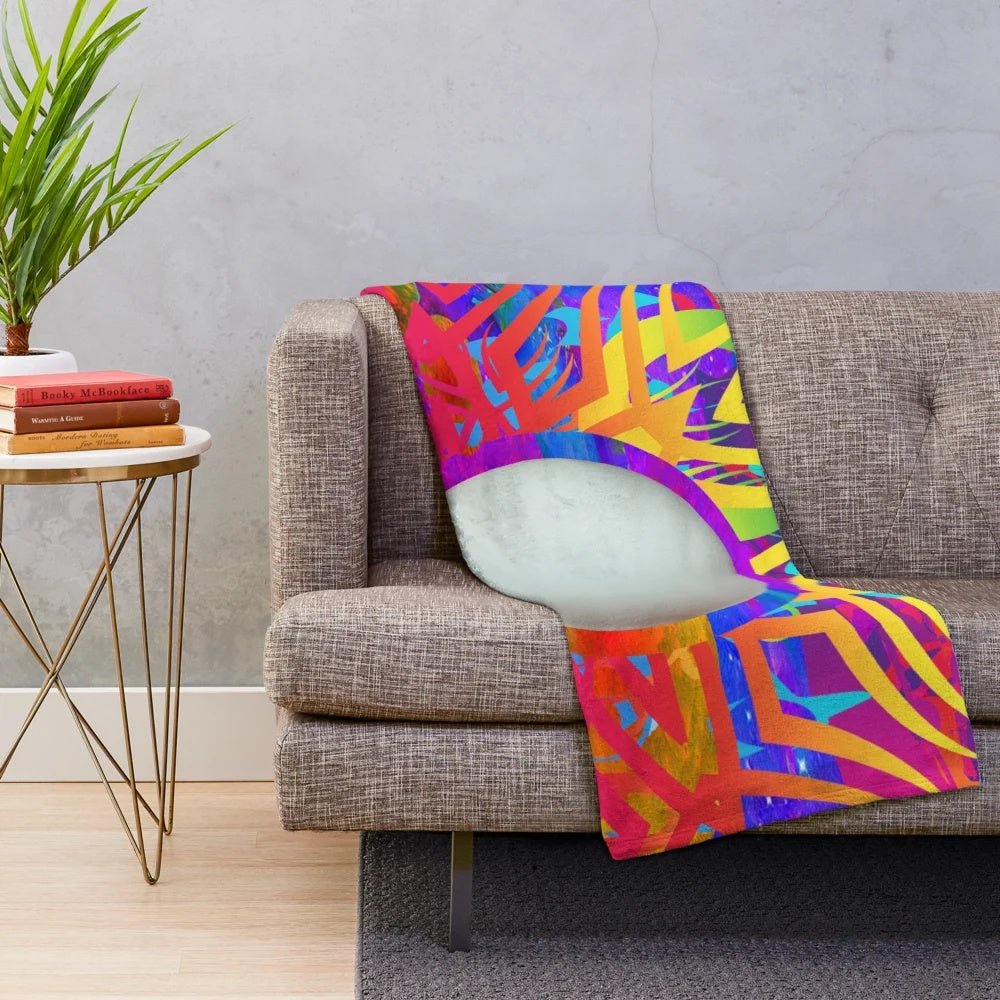 Colorful and whimsical plush blanket with fantasy, abstract, and surreal patterns