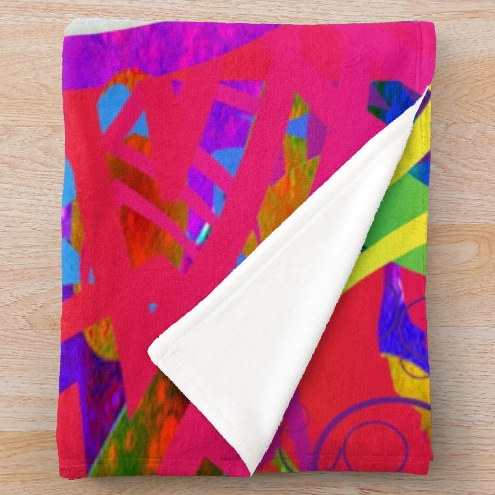 Colorful and whimsical plush blanket with fantasy, abstract, and surreal patterns