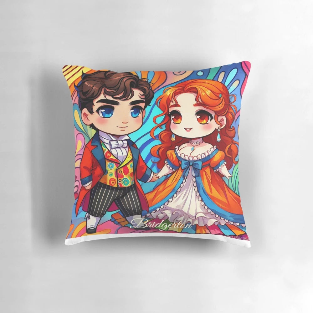 Vibrant Fauvist art pillow featuring the romantic characters Colin Bridgerton and Penelope Featherington from the Netflix series Bridgerton.