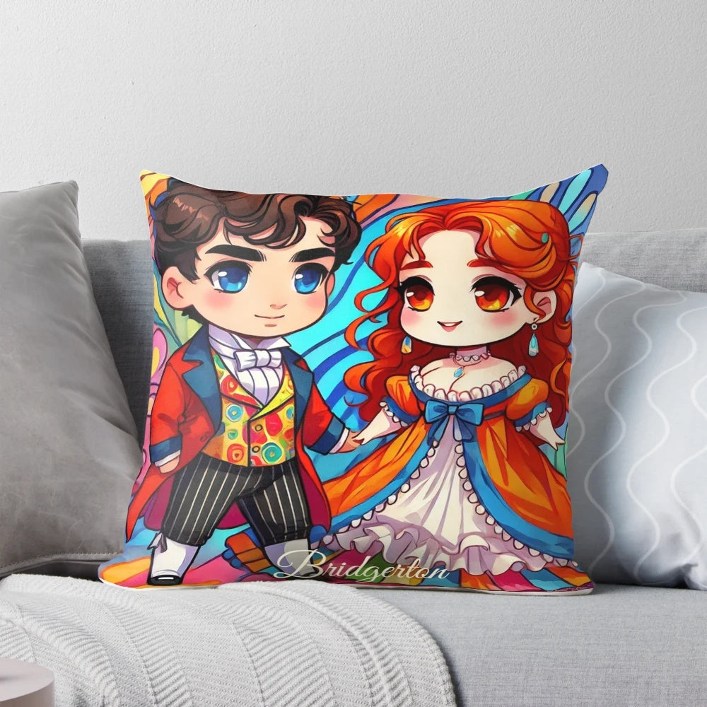 Vibrant Fauvist art pillow featuring the romantic characters Colin Bridgerton and Penelope Featherington from the Netflix series Bridgerton.