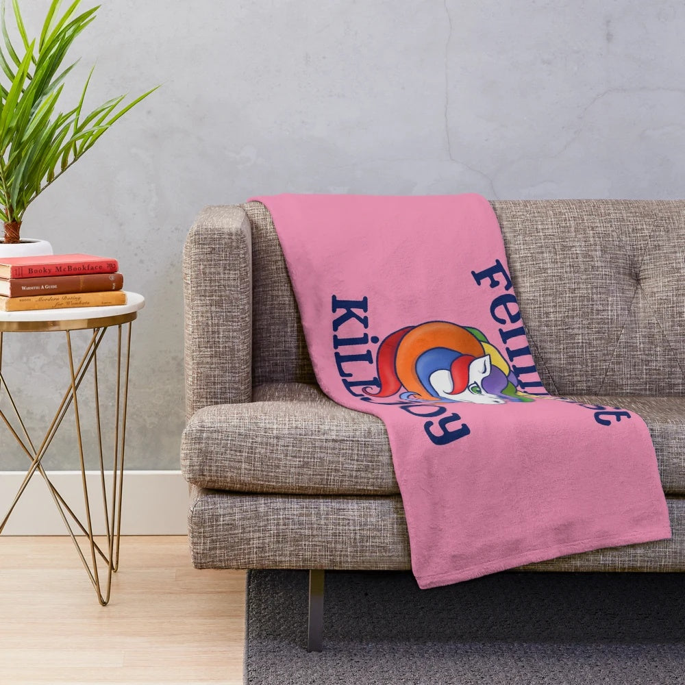 Soft and colorful feminist killjoy plush blanket featuring a rainbow unicorn design