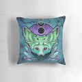A vibrant pillow featuring a fennec fox design with neon crystals and sacred geometry elements.