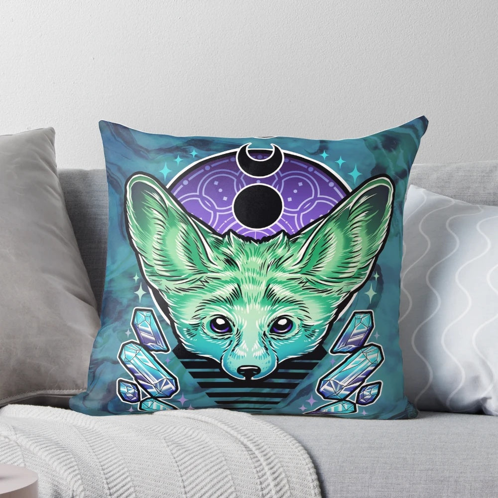 A vibrant pillow featuring a fennec fox design with neon crystals and sacred geometry elements.