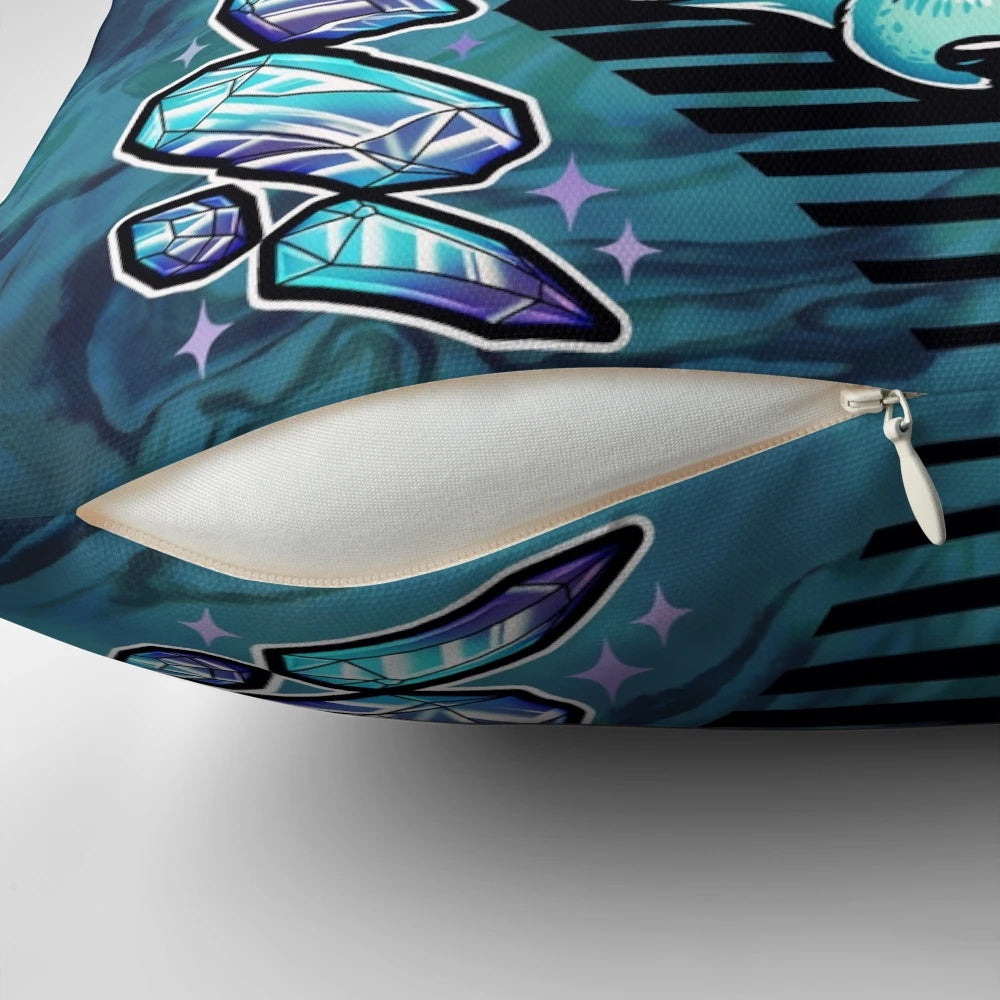 A vibrant pillow featuring a fennec fox design with neon crystals and sacred geometry elements.