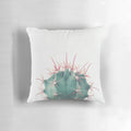 Colorful Ferocactus cactus pillow with vibrant green and red spines against a neutral background