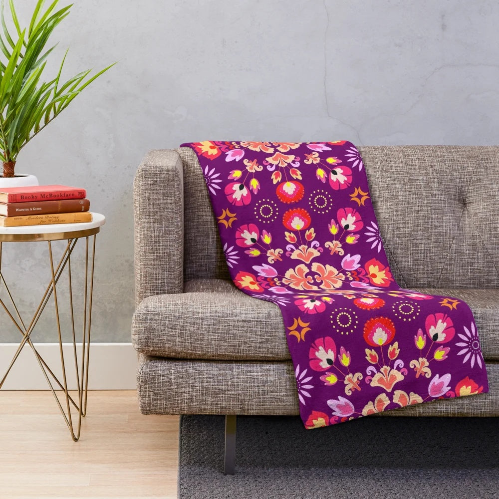 Fiesta folk inspired purple plush blanket with colorful seamless pattern
