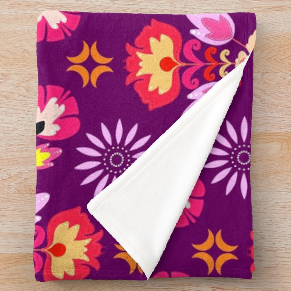 Fiesta folk inspired purple plush blanket with colorful seamless pattern