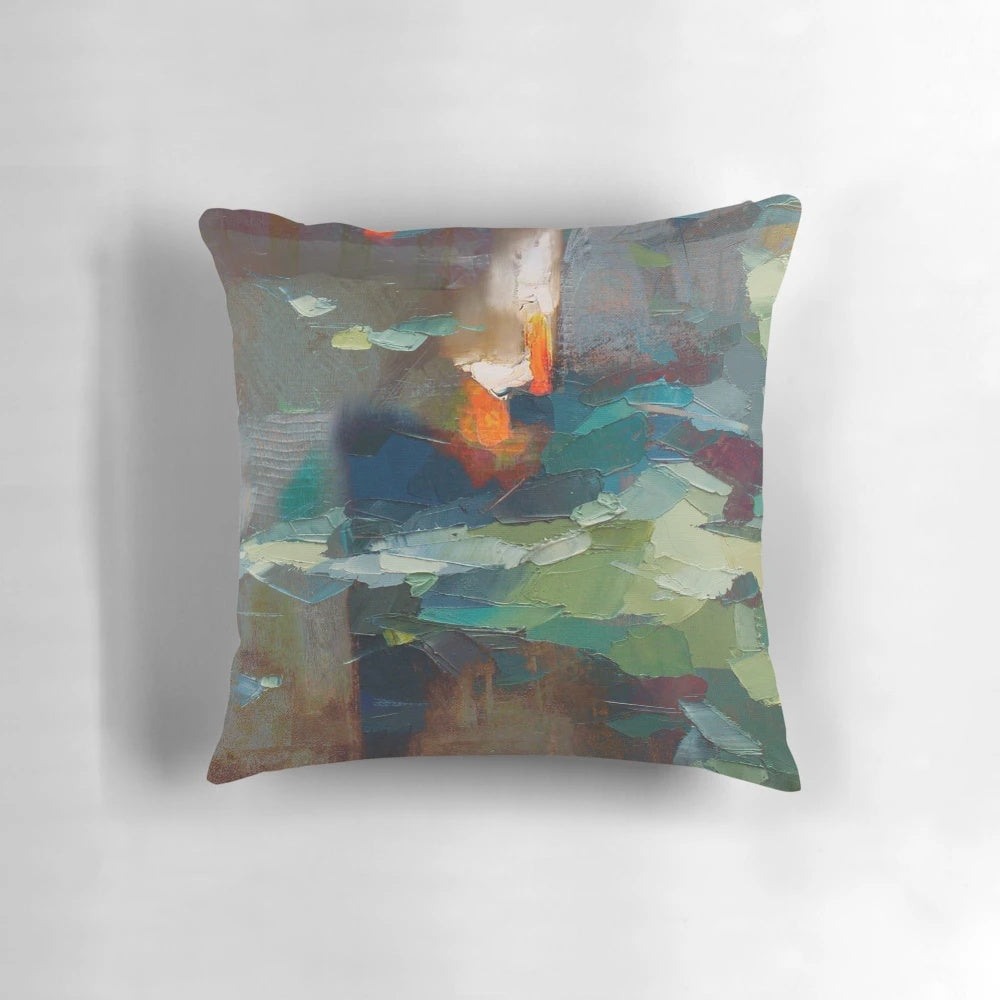 Artistic "FIRE -FLAMES FROM THE HEART" abstract oil painting-style pillow with vibrant red and green flames