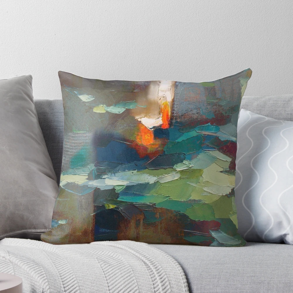 Artistic "FIRE -FLAMES FROM THE HEART" abstract oil painting-style pillow with vibrant red and green flames
