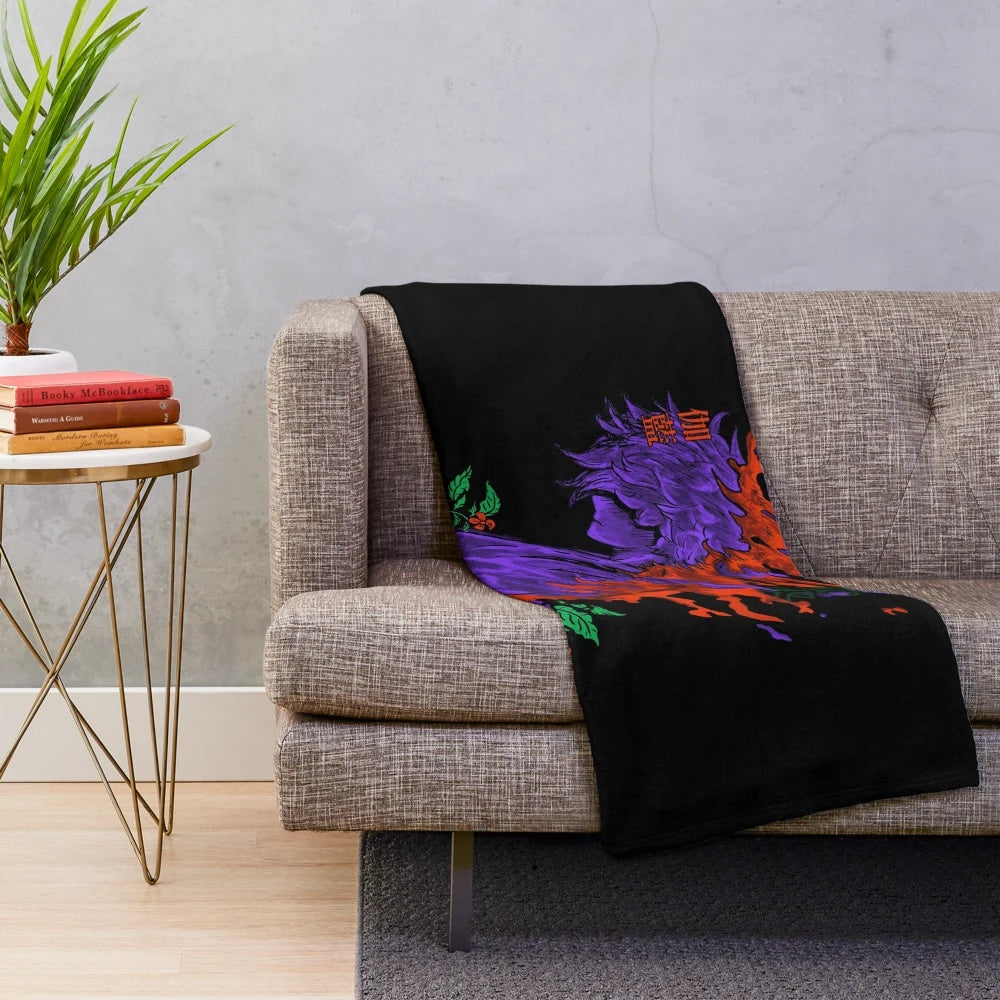 Fire Monk inspired plush blanket with Japanese art style and neon accents