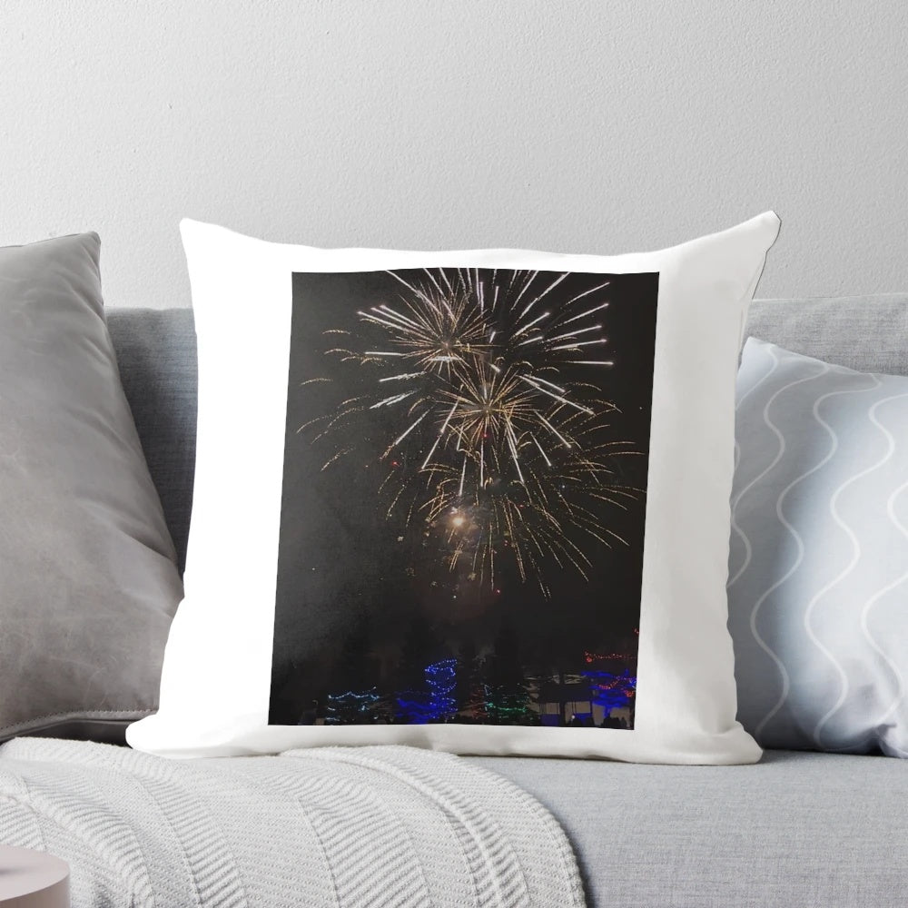 Colorful fireworks explosion printed on a decorative pillow for living room or bedroom