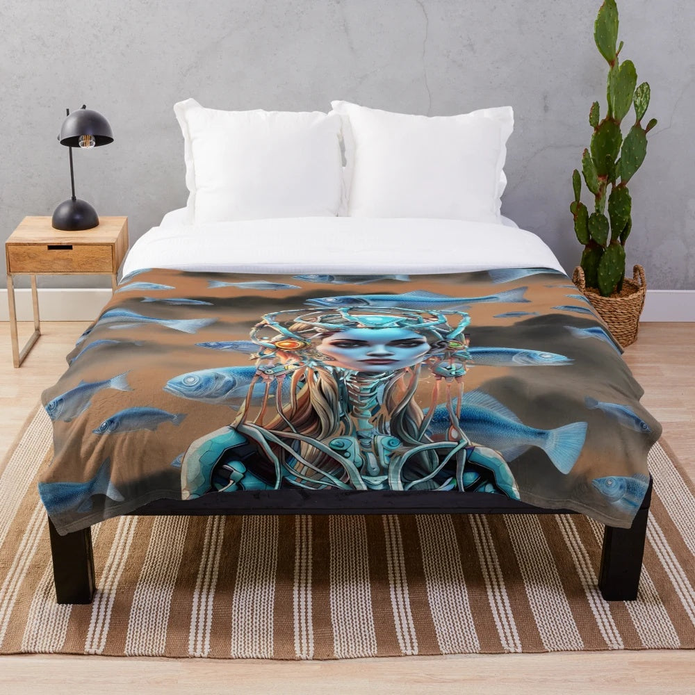 Colorful fish-themed android plush blanket with boho, psychedelic patterns