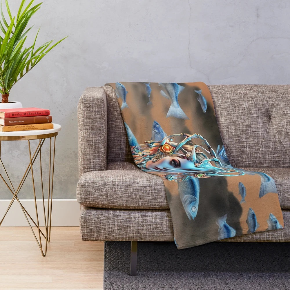 Colorful fish-themed android plush blanket with boho, psychedelic patterns