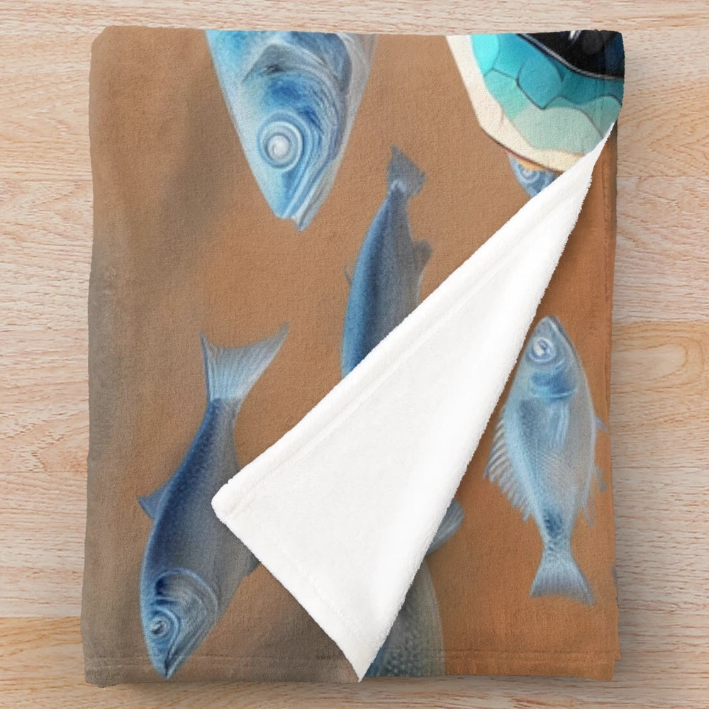 Colorful fish-themed android plush blanket with boho, psychedelic patterns