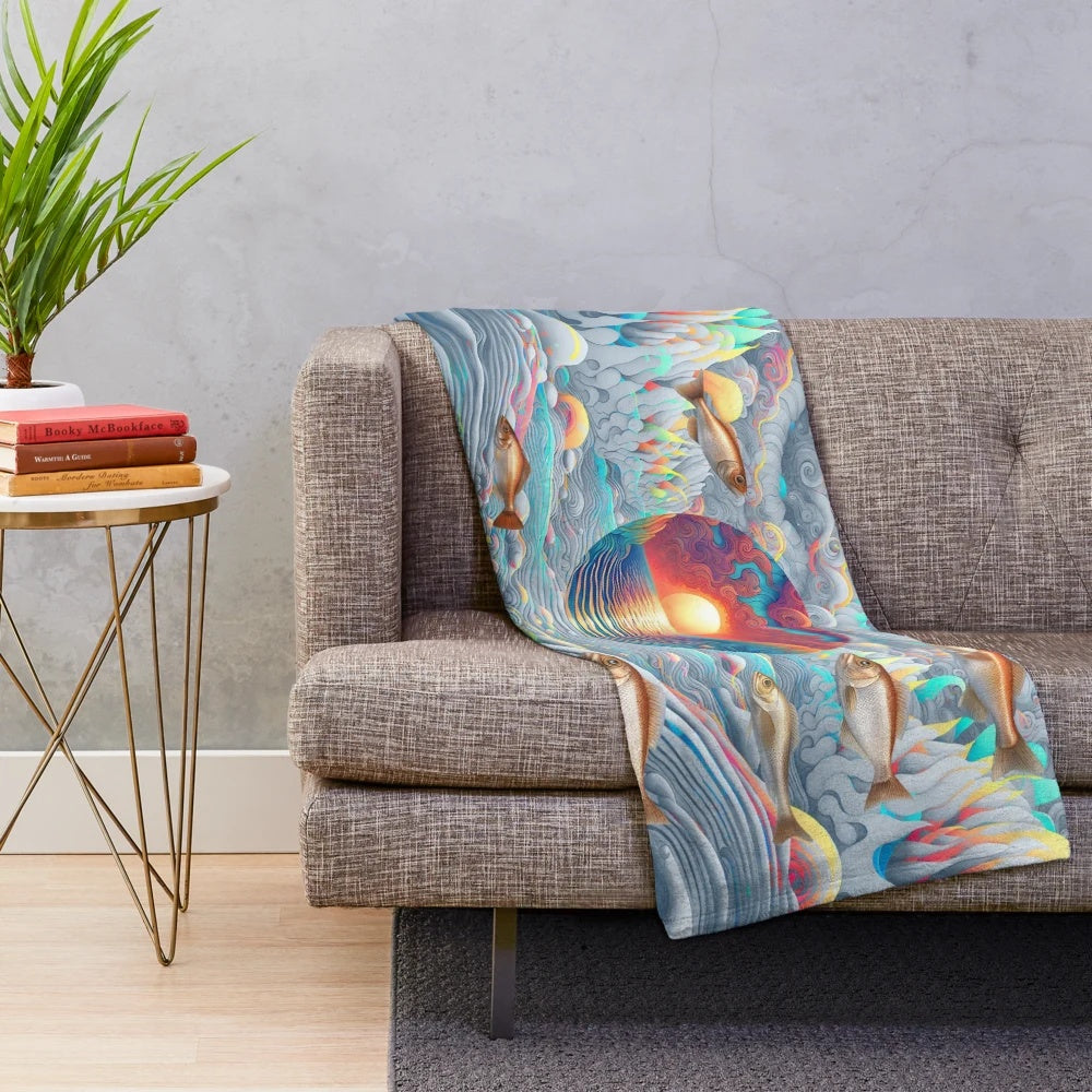 Colorful plush blanket featuring a sunset and fish design