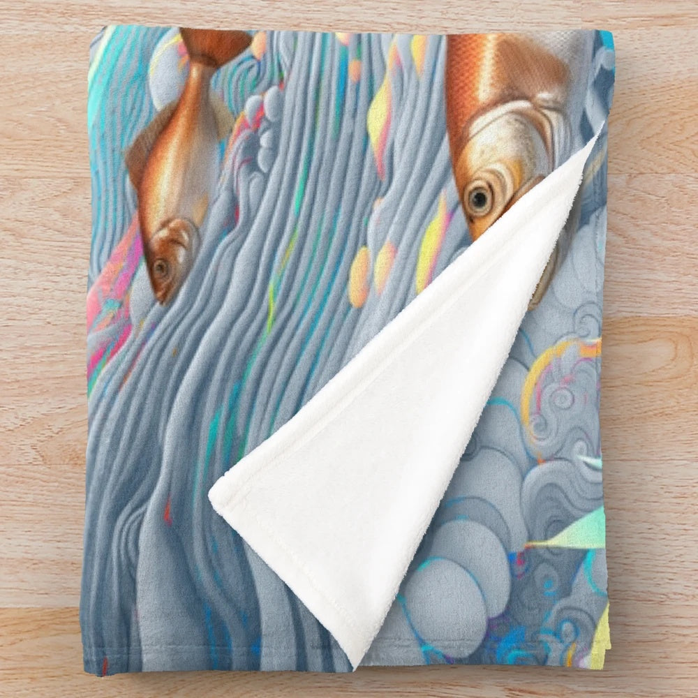 Colorful plush blanket featuring a sunset and fish design