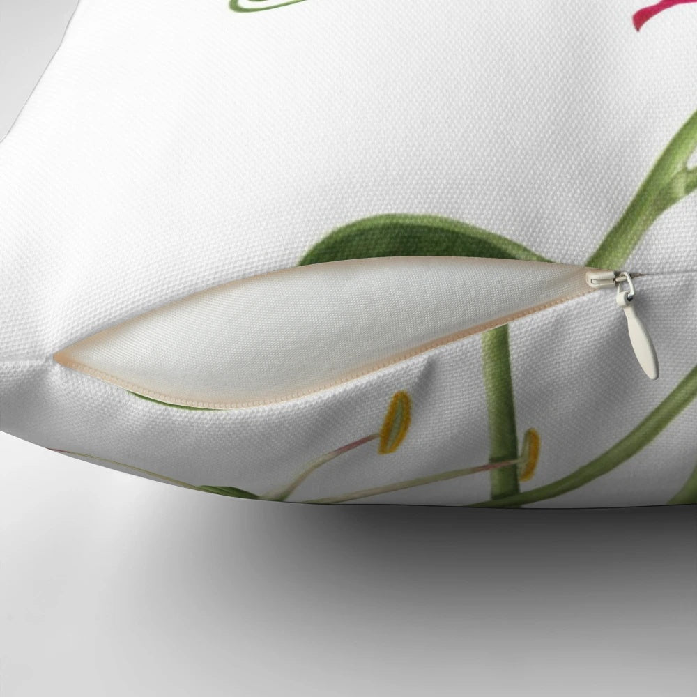 Vibrant watercolor painting of a flame lily flower on a decorative throw pillow