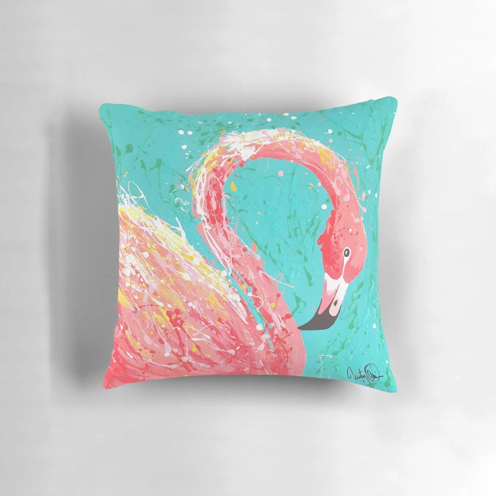 Decorative flamingo-patterned accent pillow for modern, tropical-inspired home interiors