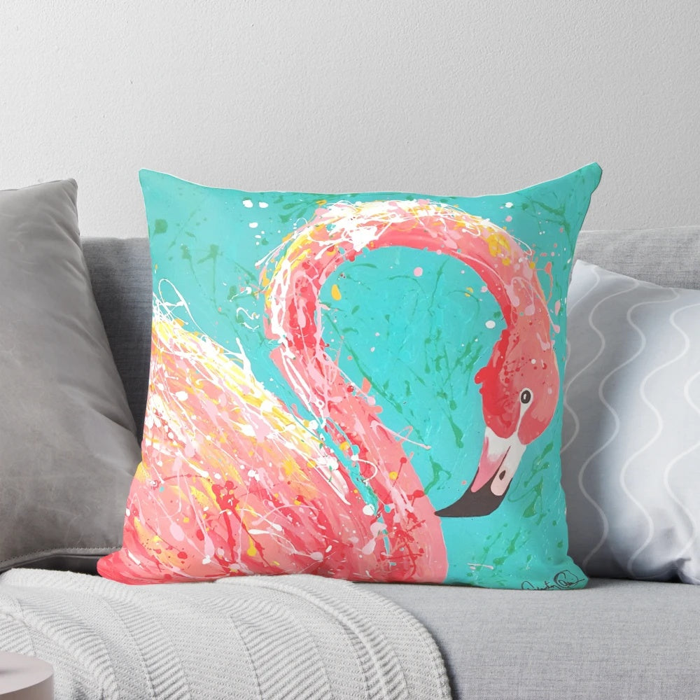 Decorative flamingo-patterned accent pillow for modern, tropical-inspired home interiors