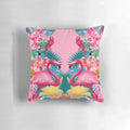 Colorful flamingo and tropical garden pattern printed on a plush pillow for home decor.