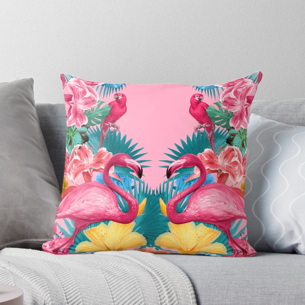 Colorful flamingo and tropical garden pattern printed on a plush pillow for home decor.