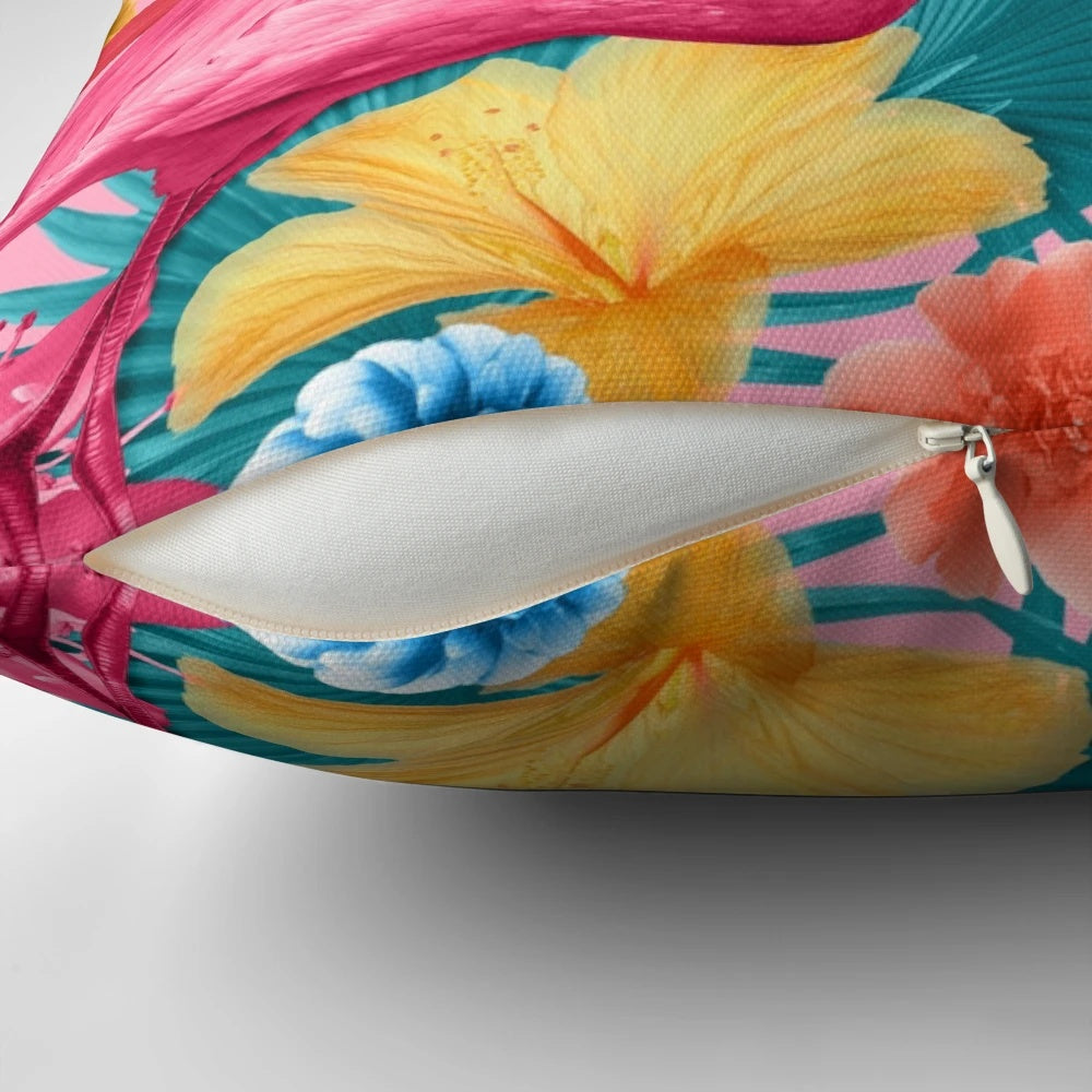 Colorful flamingo and tropical garden pattern printed on a plush pillow for home decor.