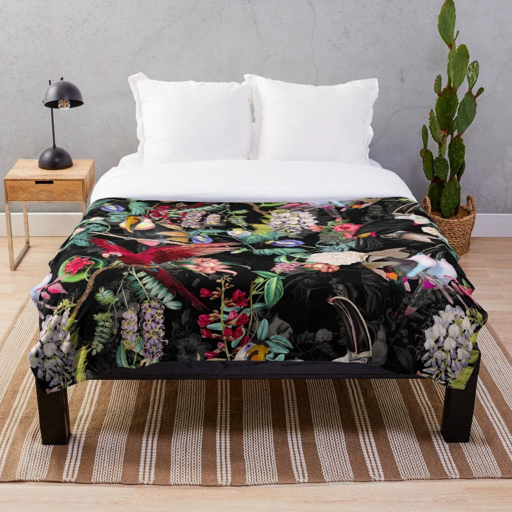 Floral and bird patterned plush blanket