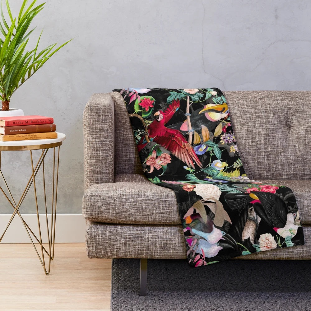 Floral and bird patterned plush blanket