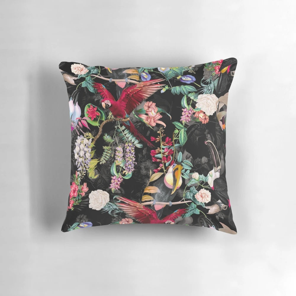 Colorful floral and bird pattern printed on a soft, plush pillow for home and bedroom decor