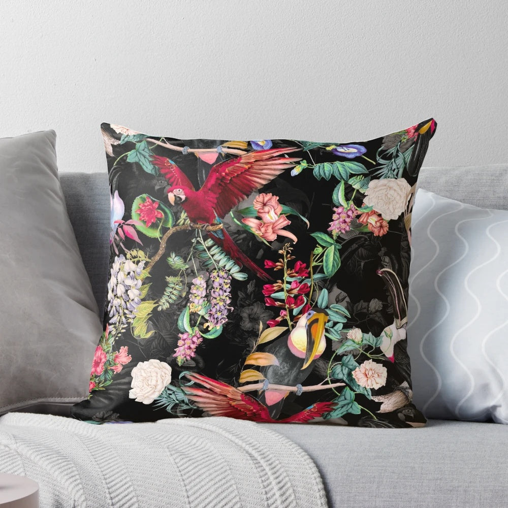 Colorful floral and bird pattern printed on a soft, plush pillow for home and bedroom decor