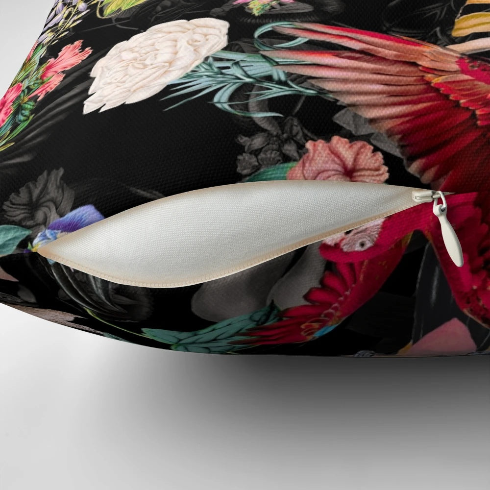 Colorful floral and bird pattern printed on a soft, plush pillow for home and bedroom decor