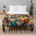 Plush blanket with a vibrant floral and bird pattern