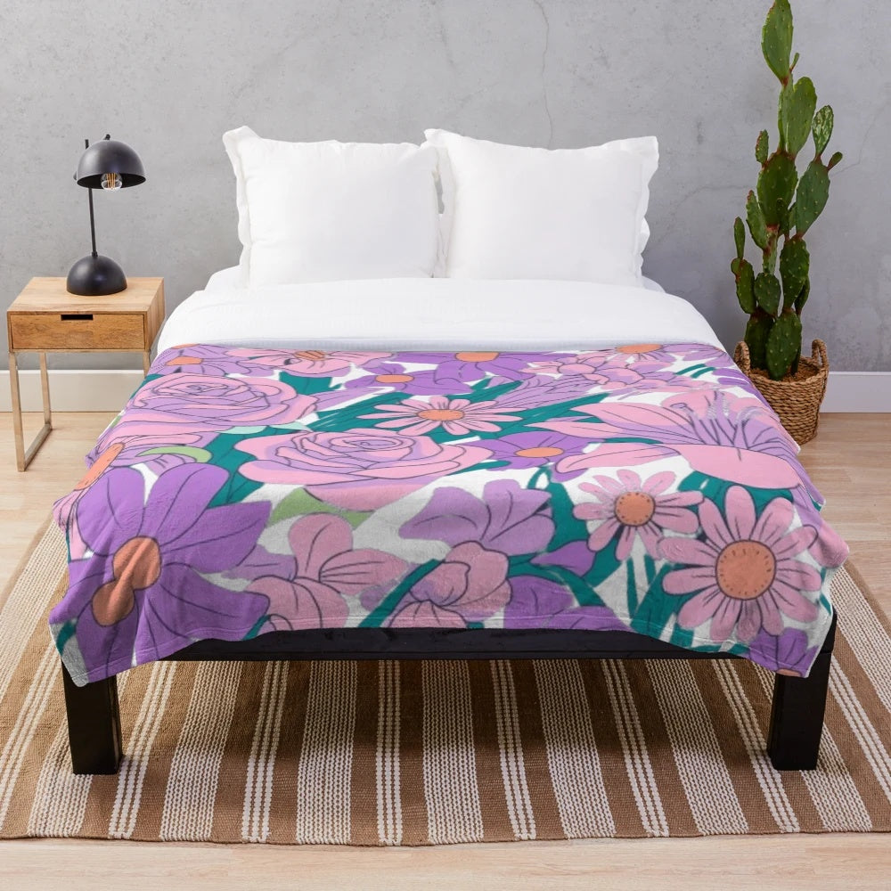 Vibrant floral pattern plush blanket with bright, energetic flowers and botanical designs