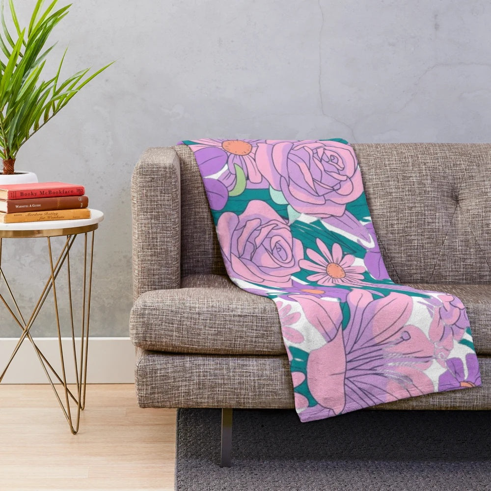 Vibrant floral pattern plush blanket with bright, energetic flowers and botanical designs