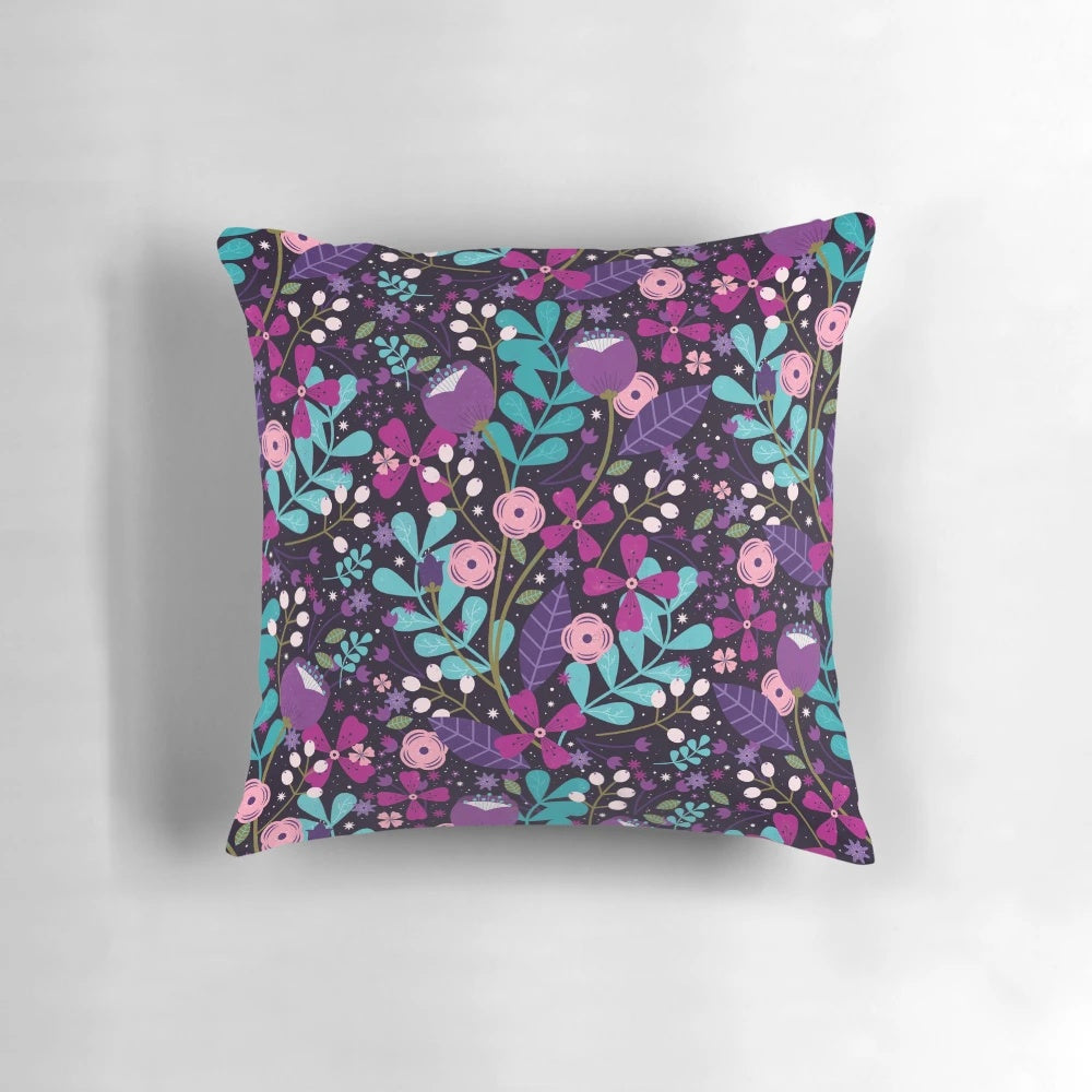 Starlight Blooms Pillow featuring a vibrant floral and botanical design with colorful leaves and blooms.