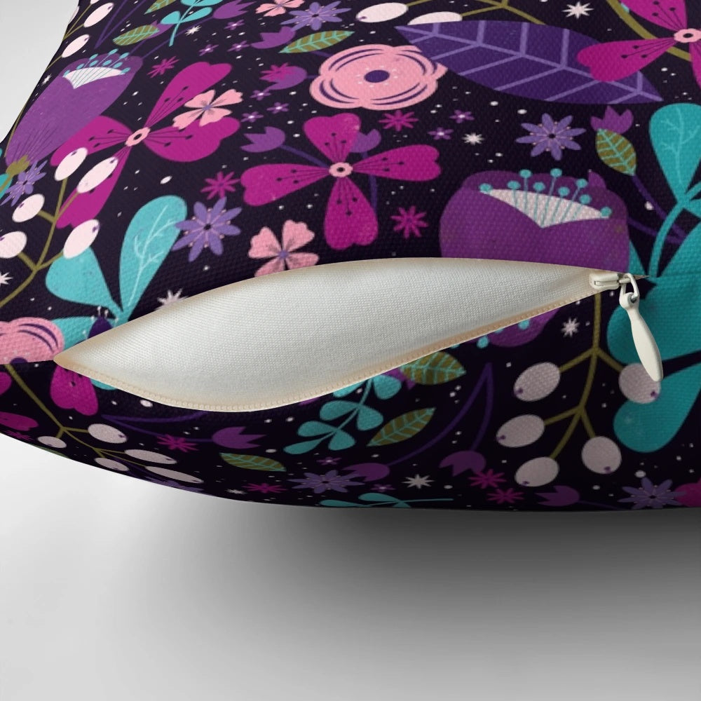 Starlight Blooms Pillow featuring a vibrant floral and botanical design with colorful leaves and blooms.