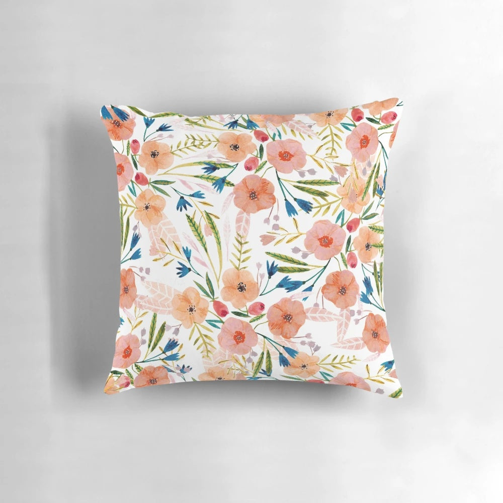 Floral dance pattern pillow featuring hand-painted summer flowers in pink, red, and orange hues