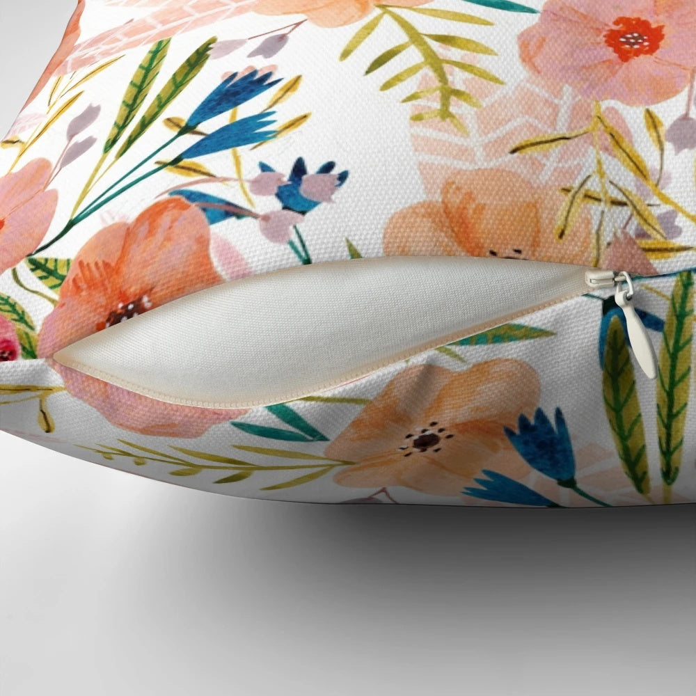 Floral dance pattern pillow featuring hand-painted summer flowers in pink, red, and orange hues