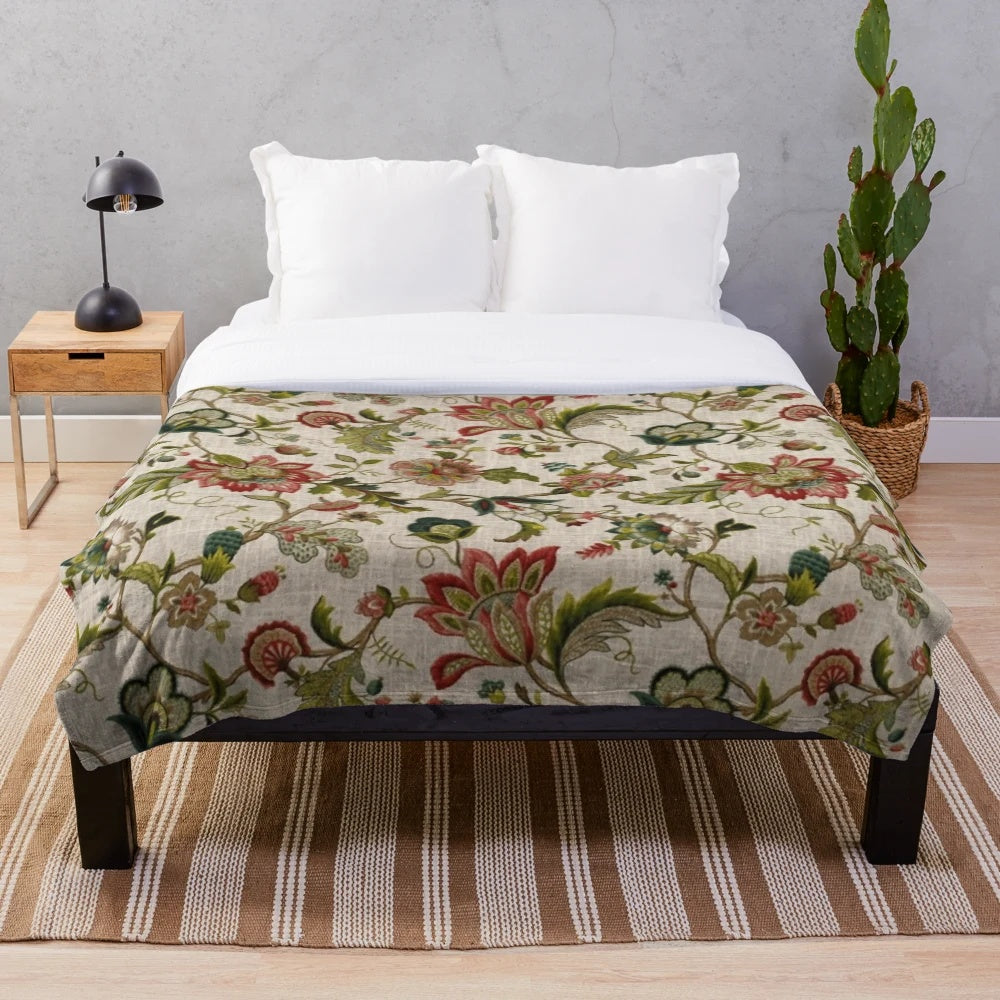 Floral plush blanket with Jacobean embroidered pattern