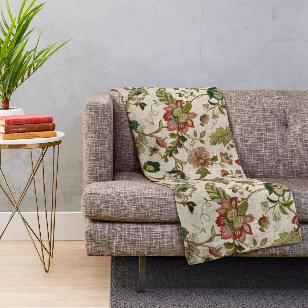 Floral plush blanket with Jacobean embroidered pattern