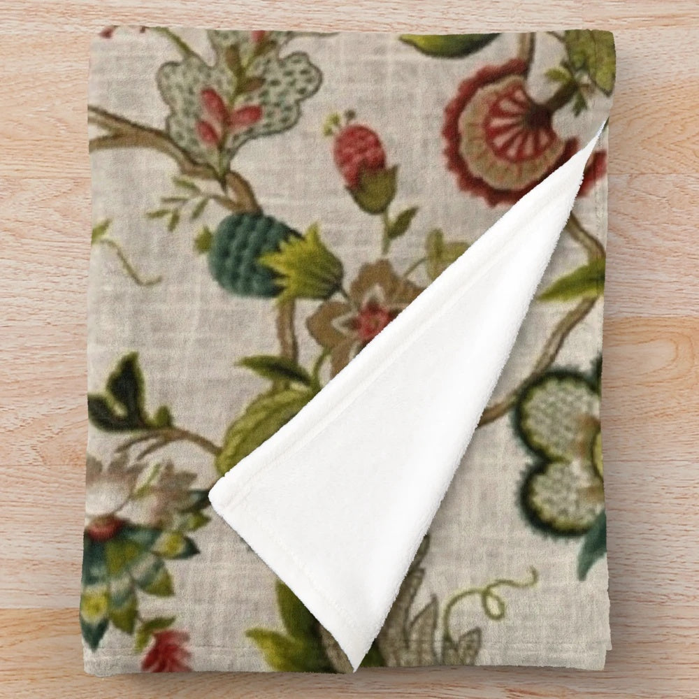 Floral plush blanket with Jacobean embroidered pattern