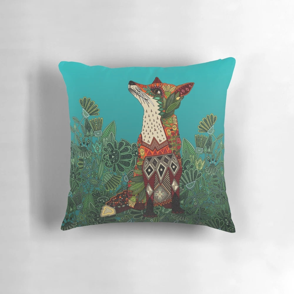 Colorful floral and fox motif decorative pillow with botanical and tribal patterns in teal, turquoise, and green