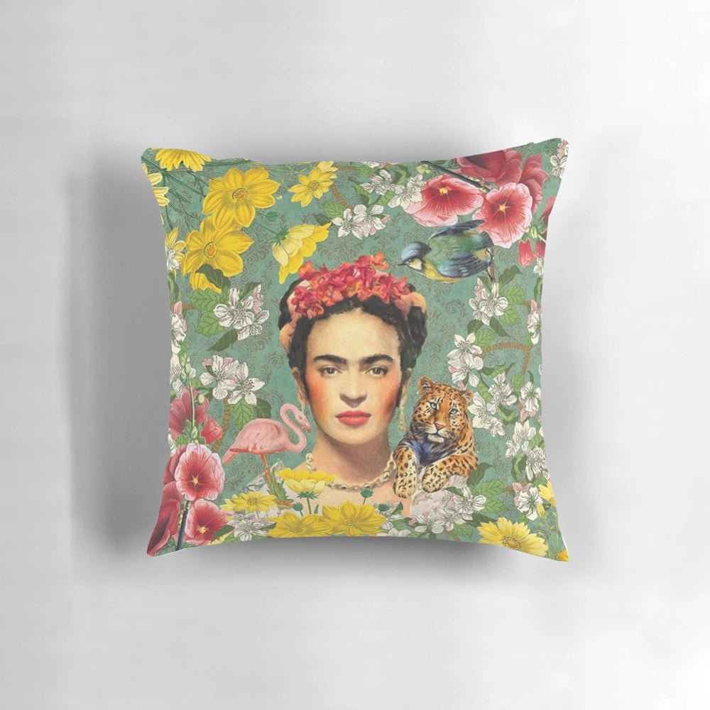 Colorful floral pillow design inspired by the iconic Frida Kahlo artwork and culture