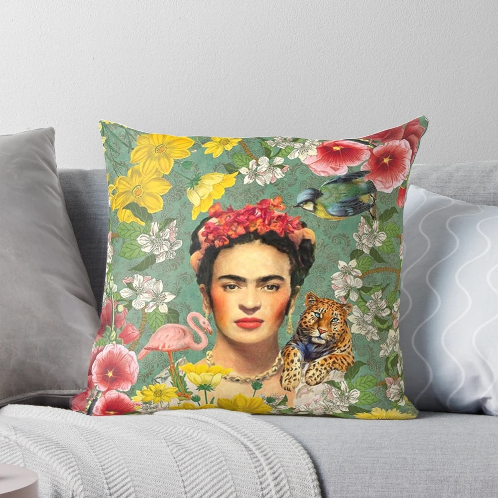 Colorful floral pillow design inspired by the iconic Frida Kahlo artwork and culture